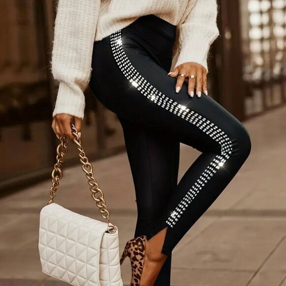 High-quality Pants - Slim Straight Rhinestone Pants/Leggings
